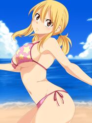 absurdres angry annoyed beach bikini blonde_hair blue_sky breasts cloud fairy_tail female female_only gaston18 highres human large_breasts legs lucy_heartfilia pointy_chin ponytail sand sea sky solo star swimsuit thighs tied_hair water