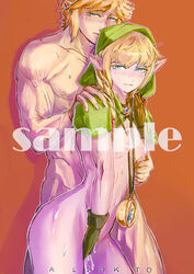 1boy areolae blonde_hair blue_eyes blush breasts compass female gloves hood hyrule_warriors link linkle nipples nude nutro pointy_ears pussy_juice simple_background sweat the_legend_of_zelda