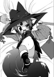 anthro bed boots bottomless broom clothed clothing feline female footwear half-closed_eyes hat headgear lying magic_user mammal navel on_bed open_mouth pussy ro solo young