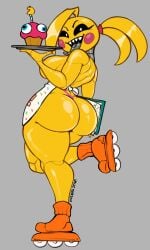animatronic anthro apron artist_name ass avian beakless big_breasts big_butt bird black_sclera blonde_hair breasts candle chicken clothing cupcake cupcake_(fnaf) eljarochofeliz eyelashes female fire five_nights_at_freddy's five_nights_at_freddy's_2 food footwear galliform glistening glistening_body grey_background hair hi_res holding_plate long_hair looking_at_viewer looking_back machine metal_tongue orange_clothing orange_footwear phasianid pink_cheeks pink_clothing pink_thong pink_underwear ponytail raised_leg robot roller_skates sharp_teeth side_boob simple_background solo spanish_description teeth text thick_thighs thong toy_chica_(fnaf) underwear white_eyes wide_hips yellow_body