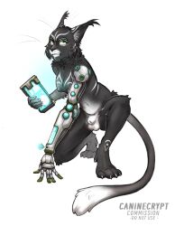 angry animal_genitalia anthro balls black_body black_fur breasts caninecrypt cheek_tuft claws cybernetic_arm cybernetic_limb cybernetics datapad digital_media_(artwork) ear_tuft facial_tuft feet felid feline female finger_claws fingers flaccid fully_sheathed fur fur_markings genitals green_eyes hair herm hi_res holding_object inner_ear_fluff intersex machine mammal markings multicolored_body multicolored_fur nipples nude penis prosthetic prosthetic_arm prosthetic_limb screen sheath snarling solo tail teeth toe_claws tuft two_tone_body two_tone_fur whisker_spots whiskers white_body white_fur