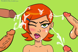 angry annoyed ben_10 bukkake cartoon_network cum cum_drip disgusted drunkengeneral earrings ejaculation erect green_eyes gwen_tennyson nude open_mouth orange_hair orgasm penis tongue