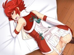 anus ass bed blush breath clenched_teeth cum cum_in_pussy cum_on_ass cum_on_body cum_on_clothes cumdrip elbow_gloves female fire_emblem fire_emblem_fates hinoka_(fire_emblem) hou_(hachiyou) nintendo open_mouth panties panty_pull pussy red_hair saliva short_hair shoulders solo sweat thighhighs tongue_out uncensored underwear white_panties