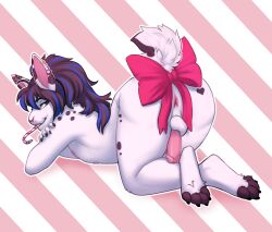 2025 anthro anus ass balls black_hair black_spots blanc_de_hotot blue_highlights bow_ribbon butteredshep candy candy_cane claws dessert domestic_rabbit ear_piercing ear_ring food fur genitals green_eyes hair heart_(marking) hi_res highlights_(coloring) industrial_piercing industrial_piercing_ladder jayne_doe_(tsarfox64) lagomorph leporid lgbt_pride male mammal markings nails nipples nonbinary_(lore) nonbinary_pride_colors nude oryctolagus pansexual_pride_colors penis piercing ponytail pride_color_piercing pride_colors rabbit ring_piercing solo spots spotted_body tail white_body white_fur