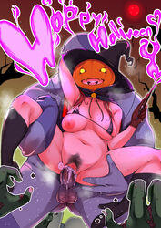 1boy bikini black_bikini black_legwear bottomless brown_gloves censored cum cum_in_pussy female gloves halloween hat headgear highres kneehighs locketmonkey mosaic_censoring navel nipples one_breast_out open_mouth original penis pumpkin purple_skin pussy sex smile spread_legs straight sweat swimsuit teeth testicles vaginal_penetration wand witch_hat zombie