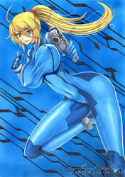 >:d 1girls :d ahoge artist_name blonde_hair blue_eyes blush bodysuit breasts clothed_navel collarbone covered_navel curvaceous curvy erect_nipples female female_only foreshortening gun hair_ribbon handgun huge_breasts human impossible_bodysuit impossible_clothes legs long_hair long_legs looking_at_viewer marker_(medium) metroid nintendo nipple_bulge open_mouth pistol pointing ponytail ribbon samus_aran sketch skin_tight smile solo takecha text thighs tied_hair tight_clothes traditional_media tsurime unaligned_breasts watermark weapon zero_suit zero_suit_samus