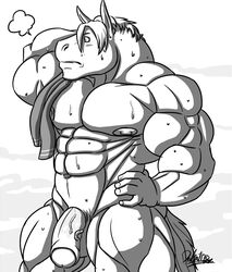 abs animal_genitalia anthro balls belly biceps big_biceps big_penis blush bondage bottomless clothed clothing cumulus_(character) deadanthro equine flexing front_view hair half-erect hand_on_hip hi_res horse huge_cock humanoid_penis hyper hyper_muscles male male_only mammal manly mature_male muscular muscular_male nipples nude original original_character partially_retracted_foreskin pecs penis pose simple_background solo standing sweat thick_penis topless towel uncut vein veiny_penis wolfthings