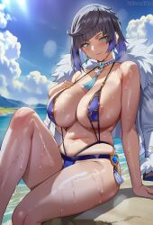 ai_generated areola_slip bare_shoulders beach bikini black_hair blue_bikini blue_hair blue_sky blush bob_cut breasts cleavage cloud covered_nipples day diagonal_bangs dice earrings edisonai female fur-trimmed_jacket fur_trim genshin_impact green_eyes jacket jacket_on_shoulders jewelry knee_up large_breasts looking_at_viewer mole mole_on_breast multicolored_hair navel neck_ring neck_tassel ocean outdoors purple_lips short_hair sitting sky slingshot_swimsuit smile solo swimsuit tassel thighs two-tone_hair vision_(genshin_impact) water wet white_jacket yelan_(genshin_impact)