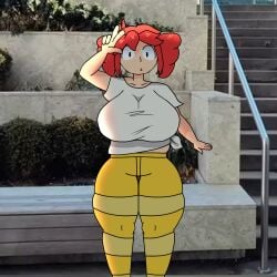kasane_teto birdbrain_(synthesizer_v) big_breasts big_thighs white_shirt yellow_pants yellow_socks tagme gavexlight fat_female fat irl_background