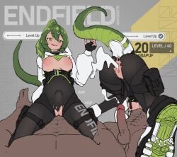 1boy 1girls 2d_animation animated arknights arknights:_endfield ass big_breasts big_penis bodily_fluids butt cfnm clothed_female_nude_male clothing cum_in_pussy cum_in_vagina cum_inside cumming cute_face dark-skinned_male dark_skin fluorite_(arknights:_endfield) frame_by_frame gameplay_mechanics genital_fluids green_hair green_tail humanoid latex level_up light-skinned_female light_skin muscular_male penetration ponytail pov pussy reptile sabapuf sex smiley_face tagme tail teeth vaginal_penetration video vulva