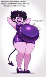 ai_generated arms_behind_head big_belly bodycon demon_girl demon_horns demon_tail dialogue full_body hyper hyper_belly jellybean jellybean_(mcyt) jellybean_(youtube) jellybean_(youtuber) looking_down mcyt minecraft minecraft_youtubers purple_dress purple_eyeliner purple_hair purple_heels smiling text tight_clothing twitch twitch.tv twitch_streamer twitter twitter_username vore vore_belly youtube youtuber youtubers