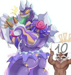 anthro ass big_butt bottomwear candy clothing dancewear dessert duo food friohielo10 frosting guardians_of_the_galaxy hi_res male male/male mammal marvel marvel_rivals muscular muscular_anthro muscular_male pecs procyonid raccoon rocket_raccoon skirt symbiote tongue tongue_out tutu venom_(gummy_surprise) venom_(marvel)