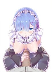 1boy beige_penis beige_skin blue_eyes blue_hair blush breasts detached_sleeves dress female hair_over_one_eye handjob headdress looking_at_viewer maid medium_breasts natsuki_subaru nipples no_bra open_mouth penis pov re:zero_kara_hajimeru_isekai_seikatsu rem_(re:zero) shiro_(maple_syrup9) short_hair simple_background tan_penis tan_skin white_background x_hair_ornament