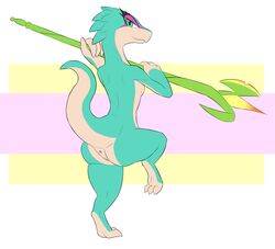 anthro anus ass ever_oasis female green_eyes green_scales kalama lizard looking_at_viewer looking_back melee_weapon miura nintendo polearm pussy raised_leg raised_tail reptile scales scalie solo spear video_games weapon white_scales