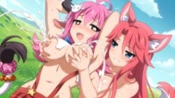 2girls abyssal_cow animal_ears animal_tail areolae bangs blue_eyes blush bovine breast_grab breasts cloud cow_ears cow_girl dutch_angle fox_ears game_cg grin horns interspecies lactation large_breasts long_hair meadow milk monster_girl multiple_girls nipple_pinch nipples nude outdoors pink_hair sakura_dungeon sky symbol-shaped_pupils tail tail_ornament trembling wanaca winged_cloud yomi_(sakura_dungeon) yuri