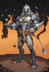 ai_generated banyue_(zenless_zone_zero) elledoesai erect_penis exposed_penis flames large_penis lion_tail male metallic_body partially_clothed robot_humanoid self_upload standing white_hair