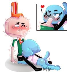 2016 anthro ass blue_eyes blush bottomless breasts cartoon_network clothed clothing cum duo erection fellatio female fur hair half_naked hat headgear kmf97 larry_needlemeyer male nicole_watterson one_eye_closed oral penis sex shaking simple_background smile the_amazing_world_of_gumball trembling white_background