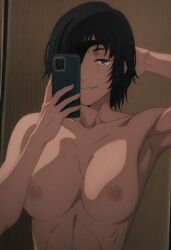 ai_art ai_generated areola areolae arm_up armpit athletic_female bedroom_eyes big_breasts black_hair blue_eyes breasts chainsaw_man collarbone dark_hair eyepatch female_focus female_only fit_female hand_behind_head himeno_(chainsaw_man) holding_phone horny_female large_breasts light-skinned_female light_skin looking_at_viewer mirror_selfie naked_female naughty_face nipples nordinex5 nude_female pale-skinned_female pale_skin perfect_body phone seducing seductive seductive_body seductive_eyes seductive_gaze seductive_look seductive_pose seductive_smile selfie selfie_pose sexy sexy_pose short_hair smile solo_female solo_focus stable_diffusion teasing teasing_viewer upper_body