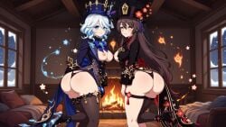 2025 2girls ahe_gao ai_generated artist_name ass big_ass black_cape black_garter black_gloves black_high_heels black_leotard black_thighhighs black_top_hat blue_cape blue_eyes blue_garter blue_gloves blue_hair blue_leotard blue_particles blue_thighhighs blue_top_hat blush bodysuit breasts_out brown_hair cape crotchless crown deep_kiss detailed_background drooling embers exposed_breasts fire fireplace floating_petals flower_hat french_kiss from_behind furina furina_(genshin_impact) garter_belt garter_straps genshin_impact gloves golden_crown hair_ornament hat heart-shaped_pupils heterochromia high_heels highres hu_tao hu_tao_(genshin_impact) hydro_effect indoors jester_hat kissing large_breasts leotard log_cabin long_hair making_out night nipples open_mouth outside plum_blossom ponytail pussy red_eyes red_flower red_high_heels red_outfit saliva snow snowflakes snowing sweat tassel thighhighs tongue tongue_out top_hat watermark white_hair window wooden_floor wooden_table yuri