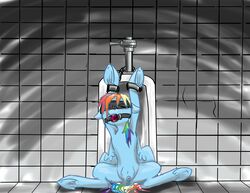 blindfold bondage bound cuffs feral friendship_is_magic gag grimdark harryclopper my_little_pony open_mouth pony rainbow_dash_(mlp) ring_gag sitting spread_legs tied_down urinal urine watersports