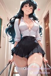 ai_generated black_hair black_skirt blush brown_eyes cleavage female hallway head_tilt heart indoors inuyasha kagome_higurashi ladder lewdrune long_hair looking_at_viewer medium_breasts no_bra parted_lips school_uniform smile solo thigh_highs white_blouse white_thigh_highs