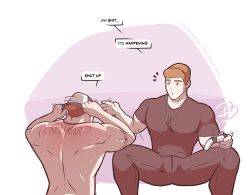 dan draws 2boys blonde_hair brown_hair cap fully_clothed fully_dressed half-dressed half-dressed_male gay male_only necklace yaoi tattoo inminent_sex surprised_expression