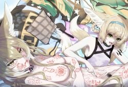 1girls 2025 2girls 3_iq_tuna among_us_reference angry animal_ears arknights arms_crossed blonde_hair drawing fox_ears fox_girl fox_tail hi_res kemonomimi light-skinned_female light_skin lying lying_on_back mad marking markings medium_breasts meme mother_and_daughter suzuran_(arknights) vulpisfoglia_(arknights)