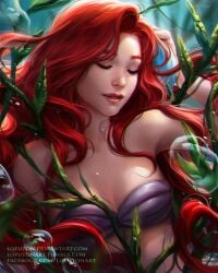 air_bubbles ariel_(the_little_mermaid) bangs bare_arms bare_shoulders bikini breasts bubble closed_eyes disney disney_princess female female_only female_solo floating_hair grin head_tilt lips lipstick long_hair loputon loputon_(artist) makeup mermaid midriff neck outside parted_bangs parted_lips pink_lipstick plant princess purple_bikini purple_swimsuit red_hair red_lipstick shell shell_bikini small_breasts smile solo straight_hair strapless strapless_bikini strapless_swimsuit swimsuit the_little_mermaid_(1989_film) underwater upper_body very_long_hair wavy_hair