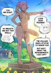 black_border blue-senpai breasts censored english_text erection flower frieren frieren_beyond_journey's_end futanari grass hand_on_hip letterboxed long_hair mosaic_censoring multiple_girls navel nude outdoors penis pointing pointy_ears small_breasts sousou_no_frieren speech_bubble statue sunflower testicles yellow_flower