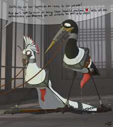 avian beak bird bound chains chinese_text crane dialogue dripping duo english_text erection feral front_view fully_bound heart kung_fu_panda leash lord_shen male male_only master_crane mcfan nude peafowl penis precum prison speech_bubble spread_legs spreader_bar spreading tapering_penis text unseen_character