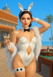 1girls ai_generated beach belly_button black_hair bow_tie bunny_ears bunny_girl bunny_girl_suit bunnysuit casino casino_table clover diamond_cutout feather_boa milf navel ocean one_arm_behind_head one_hand_behind_head rgomez007 small_breasts sole_female spades stable_diffusion thick_lips thick_thighs thigh_strap tied_hair wine_bottle wine_glass wrist_cuffs