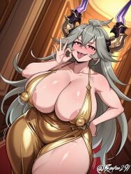 ai_generated areola_slip big_breasts blush bonfen291 cleavage covered_nipples curvy draph draph_race_(granblue_fantasy) evening_gown fellatio_gesture female gold_dress granblue_fantasy grey_hair half-closed_eyes hand_on_own_hip horns huge_nipples long_hair looking_at_viewer plump red_eyes self_upload sleeveless_dress smirk solo standing thick_thighs threo_(granblue_fantasy) tongue_out