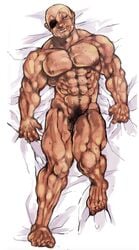 1boy 1male artist_request bald bed bedroom_eyes black_pubes black_pubic_hair dilf doppo_orochi eyepatch grappler_baki male male_focus male_only muscular muscular_male naked nipples pubes pubic_hair raised_eyebrows solo solo_focus solo_male