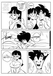 1boy1girl black_and_white chichi comic dragon_ball dragon_ball_z english_text face_between_thighs funsexydragonball goku husband_and_wife imminent_cunnilingus imminent_sex part_2 son_goku speech_bubble tagme