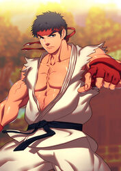 abs bara black_belt black_hair capcom clothed fighting_stance fingerless_gloves headband looking_at_viewer lvlv male male_fighter male_focus male_only muscles muscular muscular_male outdoors outside ryu_(street_fighter) short_hair solo solo_focus solo_male street_fighter veiny_muscles