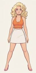 1girls 2d a-pose ai_generated big_breasts blonde blonde_female blonde_hair blue_eyes busty halter_top heels long_hair miniskirt orange_topwear pink_heels reference_image skirt wavy_hair white_skin white_skirt