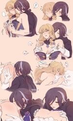 2girls anticipation artist_name ass ass_blush ass_grab blonde_hair blue_eyes blue_highlights blush breast_grab breasts butt_crack clorinde_(genshin_impact) closed_eyes clothed_female_nude_female color comic cunnilingus double_breast_grab dress_pull ear_blush ear_piercing earrings embarrassed eyebrows_visible_through_hair eyes_visible_through_hair fanon_couple female female_only female_pubic_hair fully_clothed gay genshin_impact groping_breasts groping_from_behind half-closed_eyes hand_on_another's_ass hand_on_another's_chest hand_on_another's_thigh imminent_sex kneeling labia lighting long_hair looking_at_another looking_at_partner looking_at_pussy looking_pleasured lying lying_on_bed lying_on_stomach motion_lines navia_(genshin_impact) no_bra no_panties pillow_grab pubic_hair pubic_hair_peek purple_eyes pussy pussy_juice pussy_juice_drip pussy_juice_on_face pussy_juice_string romantic romantic_couple shoulder_blush sideass sideboob speech_bubble spoken_heart sweatdrop tan_background toned toned_female trembling undressing undressing_another unseen_female_face violet_hair watermark yamai_gi yuri