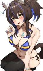 1girls bikini black_legwear blue_hair blue_nails blush bracelet brown_hair daitaku_helios_(umamusume) earrings female hairclip horse_ears horse_girl horse_tail kneeling kumiyabe legwear makeup nail_polish necklace oerba_yun_fang ponytail sharp_fingernails short_hair solo solo_female star stockings striped_bikini sweat tail thighhighs two-tone_hair umamusume yellow_eyes yellow_nails