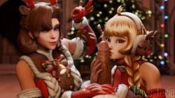 1boy 2girls 3d ahoge angela_ziegler animal_ears antlers asian asian_female bangs bell blender blizzard_entertainment blonde_hair blue_eyes blurry blurry_background braid brown_hair christmas christmas_lights christmas_ornaments christmas_tree cooperative_fellatio cozy_juno davesterie deer_ears detached_sleeves elbow_gloves erection fake_antlers fellatio ffm_threesome gloves group_sex hair_over_shoulder happy_holly_mercy juno_(overwatch) kissing_penis licking_penis light-skinned_female light_skin lips long_hair looking_at_viewer mercy multiple_girls nose oral overwatch overwatch_2 penis pov pov_crotch pov_eye_contact pov_male red_eyes red_gloves reindeer_antlers smile straight teo_minh threesome uncensored v veins winter_wonderland_series