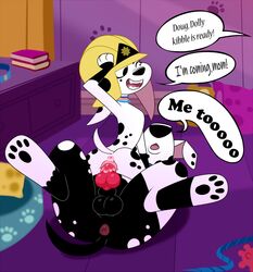 101_dalmatian_street 101_dalmatians 2018 animal_genitalia animal_penis anthro anus canine canine_penis cowgirl_position cum cum_on_penis dalmatian daughter dialogue disney dolly_(101_dalmatians) doug_(101_dalmatians) duo english_text father father_and_daughter female female_on_top hat highres incest lonbluewolf male male_penetrating mammal on_top parent penetration penis pussy sex straight text vaginal_penetration