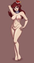 british_pound brown_hair cap covered_in_cum crash_zoom cum_on_breasts cum_on_face hand_behind_head hand_on_hip hat hat_feather headband jodie licking_lips nude nude_female nudity pose shaved_crotch shaved_pussy standing