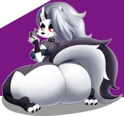 anthro big_butt biped breasts butt canid canid_demon canine cellphone clothed clothing demon electronics female hellaverse hellhound helluva_boss hi_res holding_cellphone holding_object holding_phone huge_butt legwear looking_at_viewer looking_back loona_(helluva_boss) mammal mechspazer multicolored_body mythological_canine mythological_creature mythology phone tail tail_aside thigh_highs topwear white_body