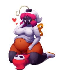 1boy 1girls 2d blush bob-omb breasts chubby cum cum_in_pussy cum_inside dark-skinned_female dark_skin eyelashes female hair heart hybrid large_belly male mario_(series) mataknight mob_face nintendo nipple_bulge outta_sync overweight pat(outta_sync) pink_hair pussy sex shy-bomb shy_gal shy_guy simple_background smaller_male straight video_games white_background