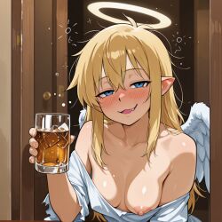 ai_generated angel angel_wings blonde-haired_female blonde_female blonde_hair blue_eyes breasts drinking drunk female female_only half-closed_eyes loose_clothes messy_hair nipples opening_door original original_character peeping sharp_ears small_breasts solo solo_female