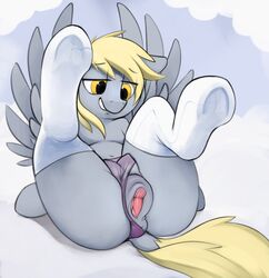 2016 absurd_res anus ass blonde_hair clitoris crotchboobs derpy_hooves dimfann dock equine feathered_wings feathers female feral friendship_is_magic half-closed_eyes hooves legs_up mammal my_little_pony panties pegasus pussy see-through see-through_panties solo uncensored underwear wings