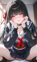 ai_generated big black breasts cheeks chisa_(wuthering_waves) cleavage clothes cowgirl cut eyes girls hair hands heart-shaped lights long on position pov pupils red short skin skirt squatting stage wet wuthering_waves yandere
