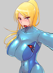 angry blonde_hair blue_eyes blush bodysuit breasts collarbone covered_navel erect_nipples female grey_background huge_breasts large_breasts long_hair looking_at_viewer metroid nintendo open_mouth ponytail samus_aran self_shot simple_background skin_tight solo teeth tied_hair wolffeld_price zero_suit_samus