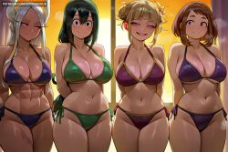 4girls abs ai_generated animal_ears arms_behind_back asui_tsuyu bangs bare_shoulders bikini black_hair blonde_hair blush boku_no_hero_academia breasts brown_eyes brown_hair cleavage closed_mouth collarbone dandanhub dark-skinned_female dark_skin double_bun female female_only green_bikini green_hair grin hair_bun halterneck himiko_toga large_breasts long_hair looking_at_viewer messy_hair mirko miruko multiple_girls my_hero_academia navel ochako_uraraka orange_sky purple_bikini rabbit_ears rabbit_girl red_eyes rumi_usagiyama short_hair side-tie_bikini_bottom sidelocks smile standing stomach sunset swimsuit thick_thighs thighs toga_himiko toned tsuyu_asui uraraka_ochako usagiyama_rumi white_hair window yellow_eyes