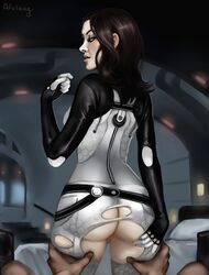 1boy 1girls alvlaug bioware black_hair blue_eyes bodysuit female male mass_effect miranda_lawson