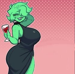 big_breasts big_thighs black_dress edit edited green_body green_eyes green_hair inka_(inkplasm) inkplasm pose sharp_teeth sister welwraith